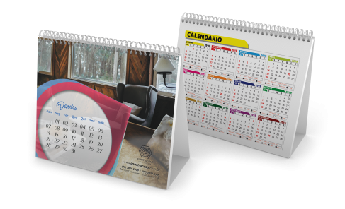 Calendário de Mesa 2026 com Wire-o e 12 páginas Couchê 150g Sem Verniz 15x12,5cm - 4x4 - 500 unid